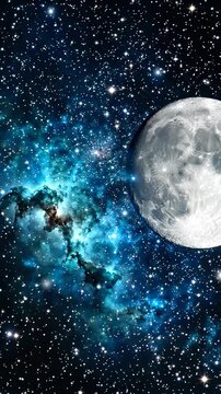 Vast cosmic expanse of deep space with a bright full moon and vibrant nebulae illuminating the darkness