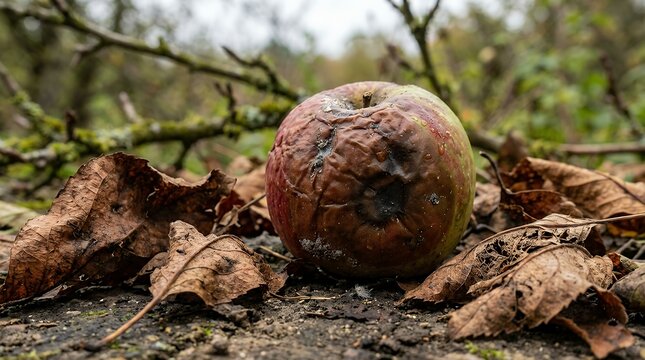 Decaying apple with wilted leaves symbolizing natural decomposition and aging process  decomposition decay rotting fruit wilted leaves aging process natural decomposition organic matter macro