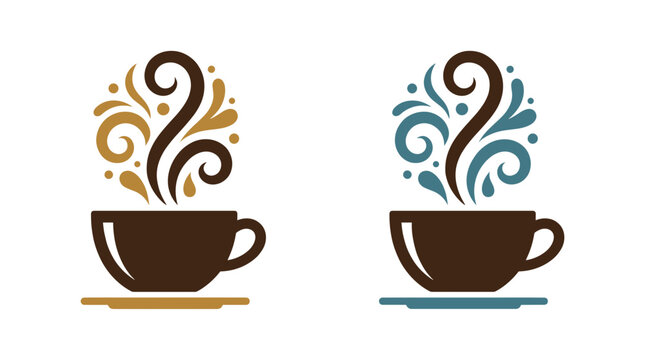 Two coffee cup icons with decorative swirl steam patterns in brown teal and gold for cafe menus