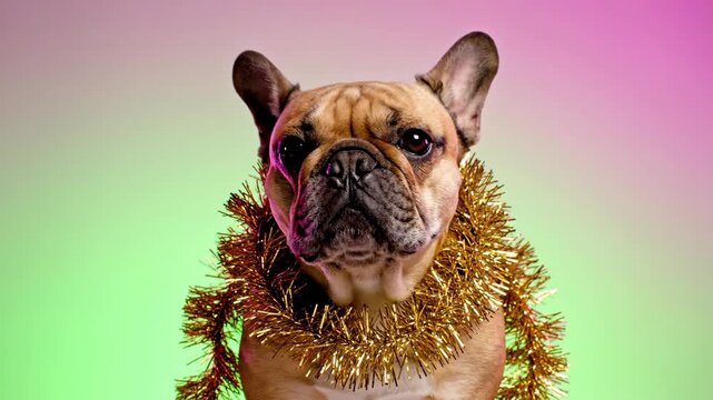 French Bulldog with Golden Tinsel Garland on Pink and Green Background