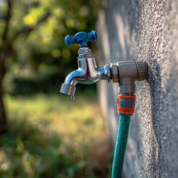 Outdoor garden metal faucet with attached green hose and blue handle leaking water drops on blurred natural background at golden hour sunlight