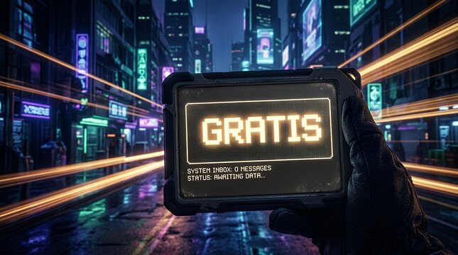 Nostalgic sci fi empty text message with pixelated halftone deformation Futuristic cyberpunk themed backdrop highlighting the term Gratis with horizontal grain pattern and luminous amber perspective