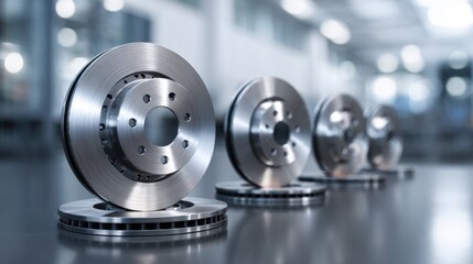 Shiny metallic automotive brake discs neatly aligned on reflective surface showcasing industrial manufacturing precision and quality control environment © Daria