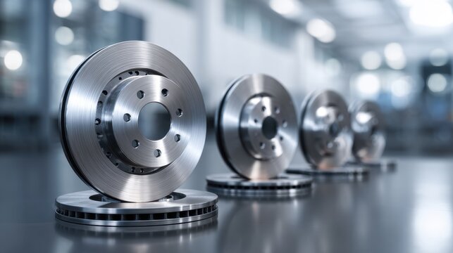 Shiny metallic automotive brake discs neatly aligned on reflective surface showcasing industrial manufacturing precision and quality control environment