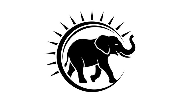 Elephant silhouette with sun rays circle logo icon