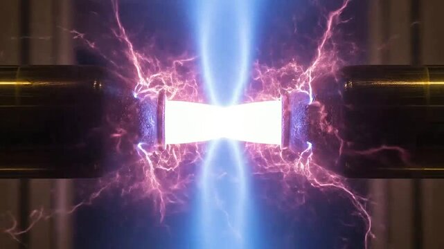 A bright electrical discharge arcs between two metal conductors in a dark laboratory setting