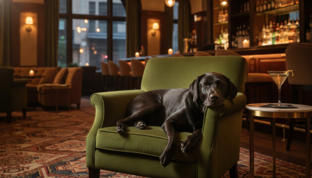 Relaxed dark brown dog lying in a green armchair inside a luxury hotel lounge or bar