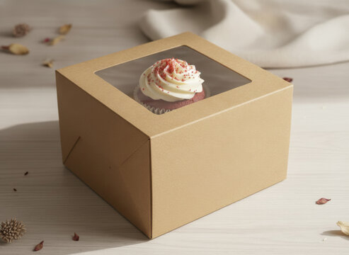 Single cupcake with white frosting and red sprinkles in a brown cardboard bakery box with window