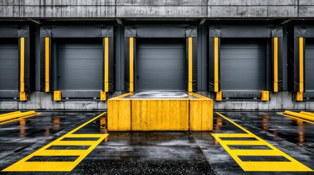 Industrial loading docks with yellow markings on wet asphalt