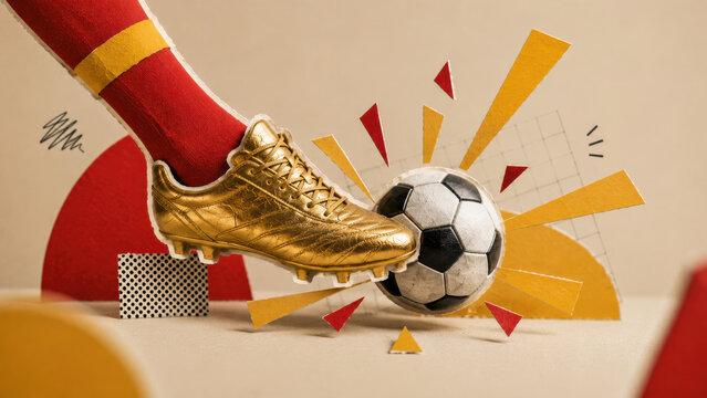 Spanish football celebration with soccer boot striking ball, red and yellow flags and handmade paper cutout texture