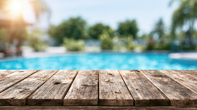 Sunlit pool with wooden table in foreground, lush greenery in background