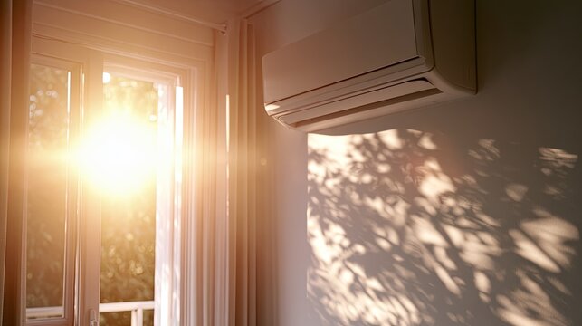 Bright sun streams through a window, casting dappled shadows on a wall with an AC unit