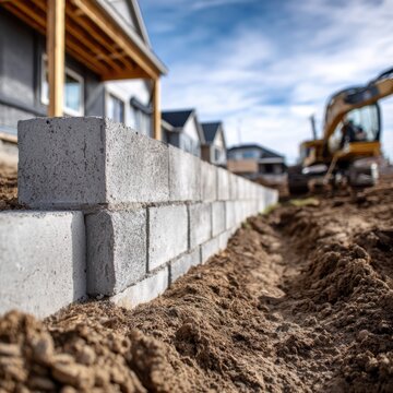 Construction of a residential retaining wall with concrete blocks and heavy machinery working on soil excavation in a suburban neighborhood under a blue sky
