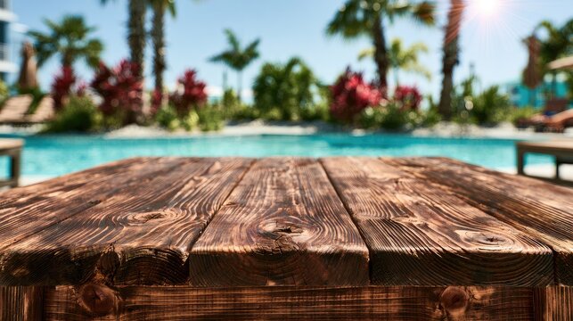 Rustic wooden table foreground with blurred tropical resort pool & palms