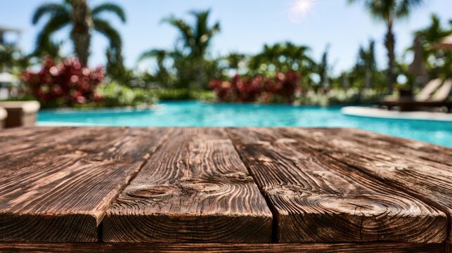 Rustic wooden table foreground with vibrant poolside tropical paradise background