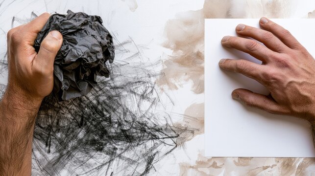 Hand smudging charcoal on paper, with a blank sheet beside it