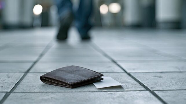A brown leather wallet and a white card lay on a tiled floor as a person walks away
