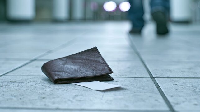A forgotten leather wallet with a white card rests on a tiled floor
