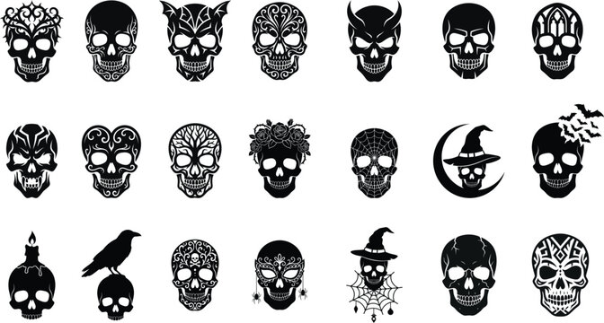 Collection of black human skull solid icons with spider web and candle elements. Minimalist Day of the Dead calavera, flying bats, and tribal tattoo glyphs vector.