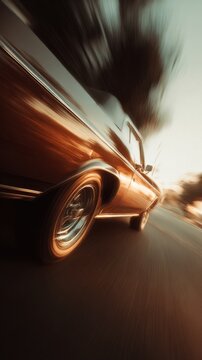 Vintage classic car speeding down a sunlit road captured with motion blur emphasizing dynamic movement and nostalgic automotive design