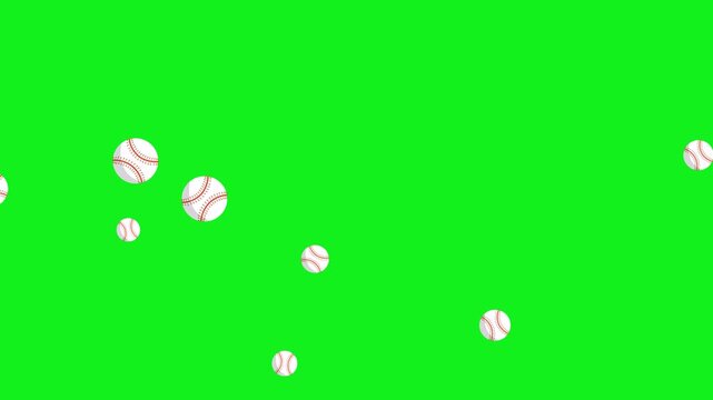 animated video of softball balls flying over a green screen, animation of softball balls spinning and flying from bottom to top, this video can be used for softball sports purposes