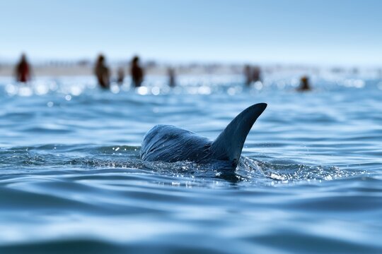 A large fin of a shark breaking the surface of calm ocean water while people swim and relax in the distant background on a sunny day at the beach