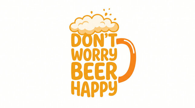 Don't Worry Beer Happy funny typography design with beer mug illustration. Vector lettering graphic for pub, bar, t-shirt print, or party poster on a white background.