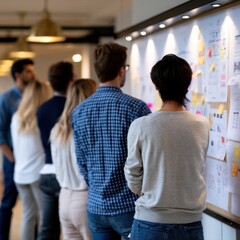 Obraz premium Diverse team of professionals collaborating and analyzing project plans on a whiteboard filled with charts and sticky notes in modern office environment