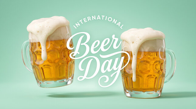 International Beer Day banner with two frothy beer mugs floating on a light green background. Minimalist holiday greeting card design with overflowing foam and stylish typography for celebration.