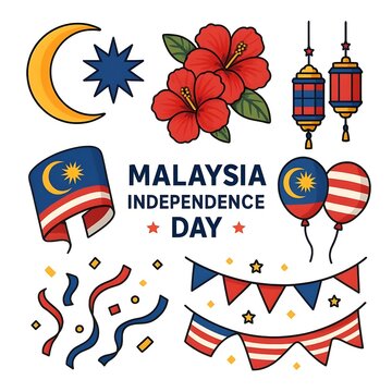 Malaysia Independence Day Elements Set Bunting Hibiscus Flower Balloon and National Flag Graphic Clip Art Illustration