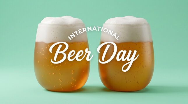 International Beer Day greeting card with two glasses of cold amber beer with foam heads on a mint green background. Minimalist 3D render graphic for social media banner or holiday celebration.