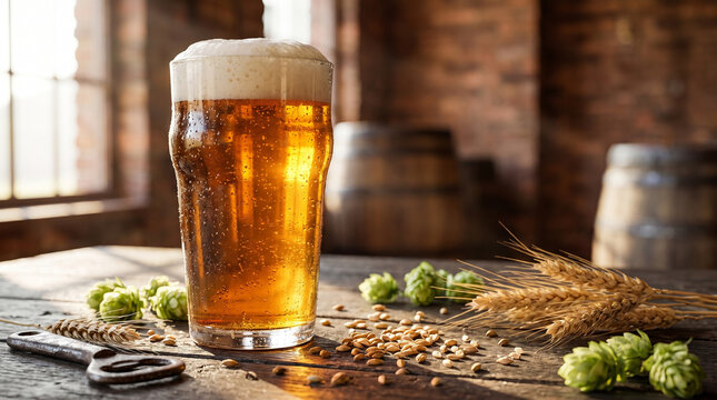 Pint of craft beer with hops and barley on a rustic wooden table. Golden ale in a glass with foam in a brewery setting with barrels and warm sunlight.