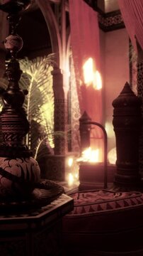 A setting in a bathhouse shows an intricate fountain with decorative details. Soft light fills the room, highlighting the ornate walls and furnishings. The atmosphere suggests relaxation and comfort.