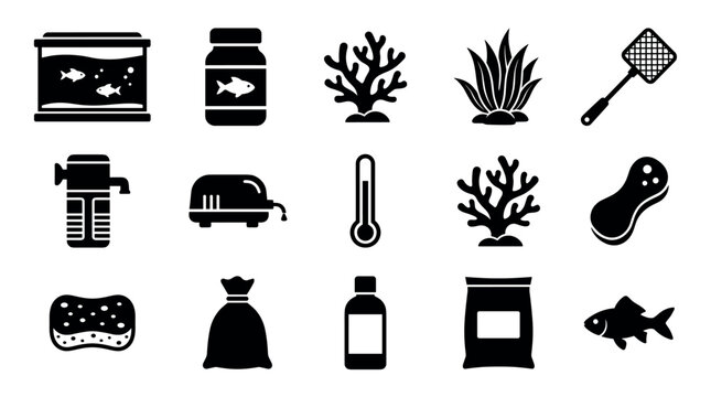 Aquarium care and fish keeping equipment glyph vector icon set