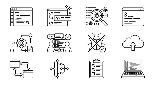Software development and programming outline vector icon set representing coding, debugging, and cloud deployment