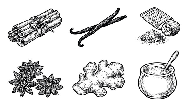 Baking spices and aromatic ingredients vector illustration set in vintage engraving style