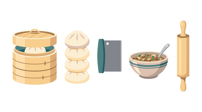 Flat vector illustration set of traditional Chinese dumpling making process with bamboo steamer, baozi, dough scraper, filling bowl, and rolling pin