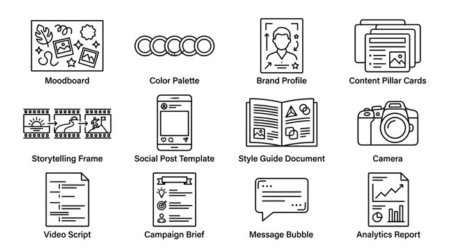 Social media marketing and content creation strategy vector line icon set