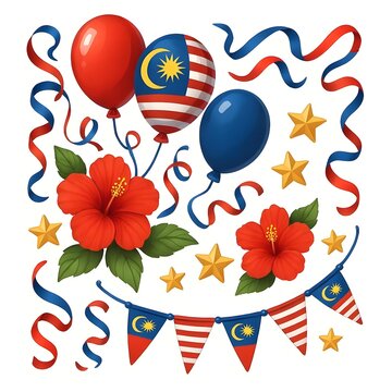 Malaysia Merdeka Celebration Graphic Elements, Watercolor Illustration of Jalur Gemilang Bunting Flag, National Flag Balloon, Ribbon, Star, and Red Hibiscus Flower Set on White Background