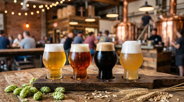 Craft beer flight sampler on a wooden tasting paddle with hops and barley in a cozy, rustic brewery setting.