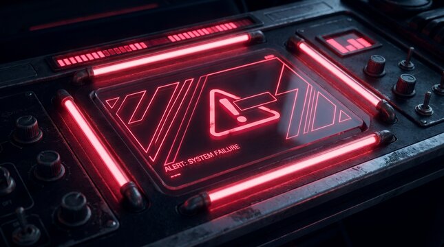 Advanced Crimson Heads Up Display Warning Screen A dim cybernetic control panel highlighting luminous scarlet gas discharge lines oblique banding and an alert indicator sign with a central void for