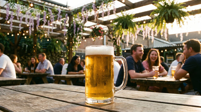 Glass of beer on wooden table in beer garden with people socializing in the background. Cold pint of lager in outdoor pub patio with warm golden hour light.