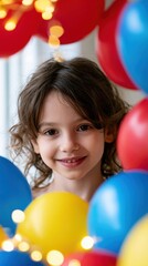 Obraz premium Happy child smiling surrounded by colorful balloons and warm fairy lights, capturing a joyful moment of celebration and festive atmosphere indoors