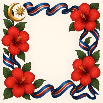 Elegant Border Frame with Red Hibiscus Bunga Raya National Flower and Malaysian Ribbon for Hari Merdeka Independence Day Background