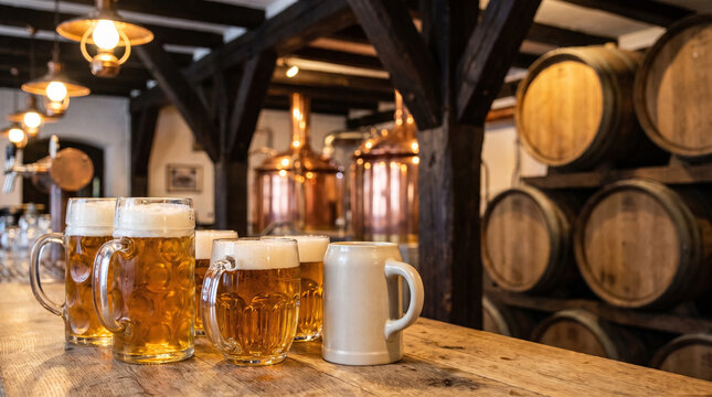 Beer mugs on wooden bar counter in traditional brewery with copper kettles and wooden barrels in the background.
