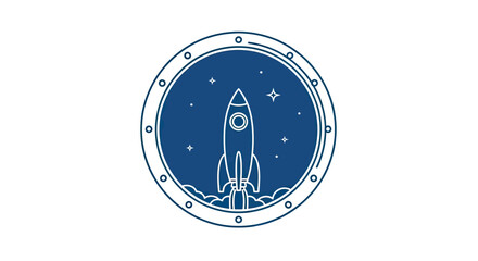 Rocket ship launched in circular starry porthole frame. © Dzeko