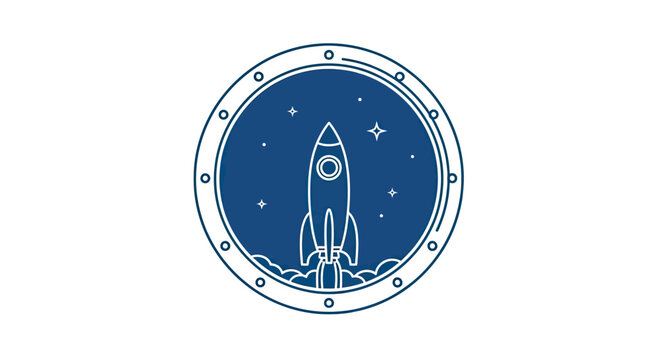 Rocket ship launched in circular starry porthole frame.