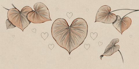 Heart shaped philodendron leaves drawn with delicate pencil and pastel on a neutral background with small heart accents © RAKIB
