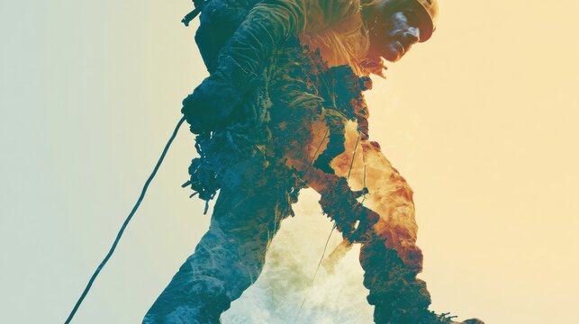 A male silhouette filled with a mountain climber shows the journey of overcoming challenges while climbing in vibrant alpine colors.
