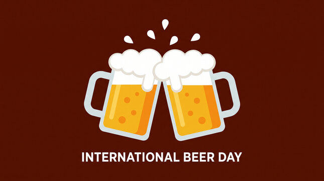 International Beer Day vector illustration with two clinking beer mugs toasting on a dark brown background.